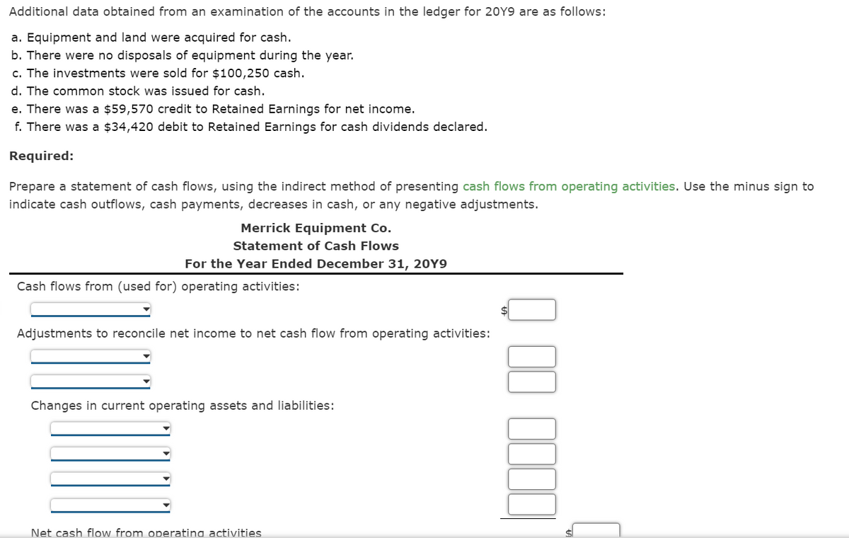 Additional data obtained from an examination of the accounts in the ledger for 20Y9 are as follows:
a. Equipment and land were acquired for cash.
b. There were no disposals of equipment during the year.
c. The investments were sold for $100,250 cash.
d. The common stock was issued for cash.
e. There was a $59,570 credit to Retained Earnings for net income.
f. There was a $34,420 debit to Retained Earnings for cash dividends declared.
Required:
Prepare a statement of cash flows, using the indirect method of presenting cash flows from operating activities. Use the minus sign to
indicate cash outflows, cash payments, decreases in cash, or any negative adjustments.
Merrick Equipment Co.
Statement of Cash Flows
For the Year Ended December 31, 20Y9
Cash flows from (used for) operating activities:
Adjustments to reconcile net income to net cash flow from operating activities:
Changes in current operating assets and liabilities:
Net cash flow from operating activities