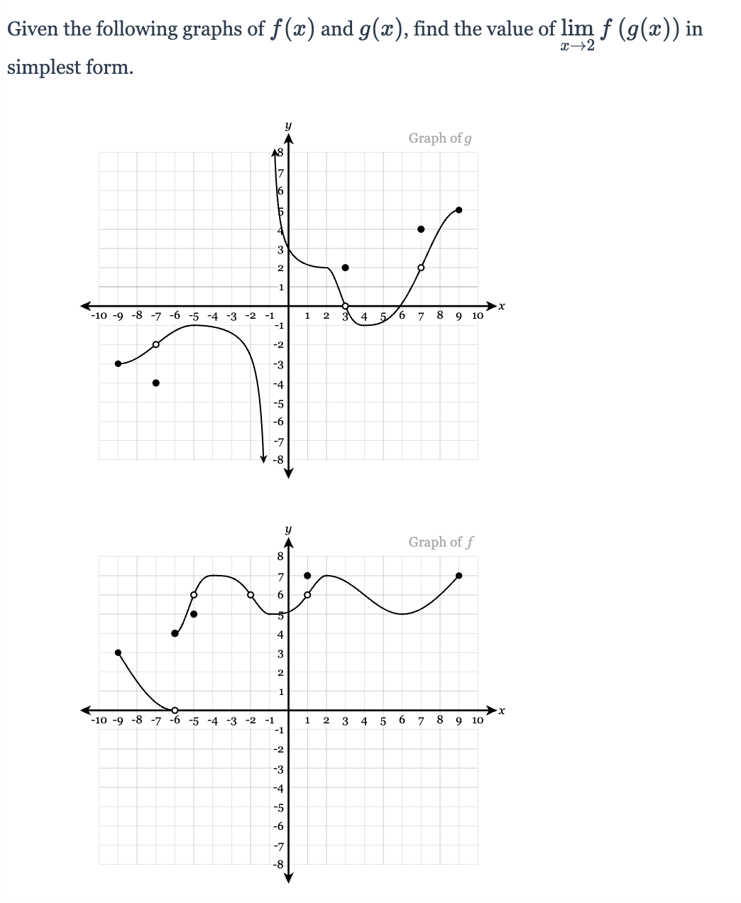 Given the following graphs of f(x) and g(x), find the value of lim f (g(x)) in
x→2
simplest form.
y
48
17
3
2
1
+
-10 -9 -8 -7 -6 -5 -4 -3 -2 -1
1 2 3 4 5 6 7 8 9 10
-1
-2
-3
-4
-5
-6
-7
-8
8
7
6
4
3
2
1
-10 -9 -8 -7 -6 -5 -4 -3 -2 -1
-1
-2
-3
A
-4
-5
-6
y
5
-8
Graph of g
Graph of f
1 2 3 4 5 6 7 8 9 10
x
x