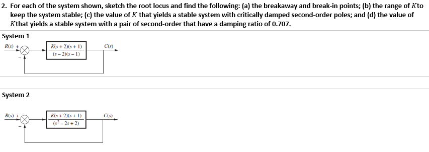 2. For each of the system shown, sketch the root locus and find the following: (a) the breakaway and break-in points; (b) the range of Kto
keep the system stable; (c) the value of K that yields a stable system with critically damped second-order poles; and (d) the value of
Kthat yields a stable system with a pair of second-order that have a damping ratio of 0.707.
System 1
K(s + 2)(s + 1)
(s – 2Ks – 1)
R(s) +
C(s)
System 2
R(s) +
K(s + 2Xs + 1)
C(s)
(s2 - 2s + 2)
