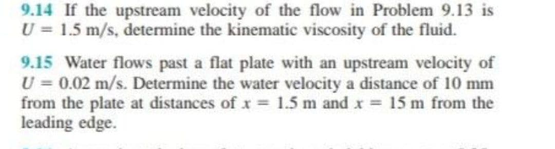 9.14 If the upstream velocity of the flow in Problem 9.13 is
U = 1.5 m/s, determine the kinematic viscosity of the fluid.
9.15 Water flows past a flat plate with an upstream velocity of
U = 0.02 m/s. Determine the water velocity a distance of 10 mm
from the plate at distances of x = 1.5 m and x = 15 m from the
leading edge.