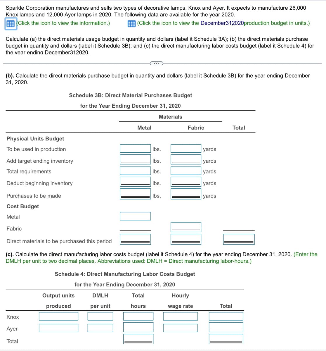 Sparkle Corporation manufactures and sells two types of decorative lamps, Knox and Ayer. It expects to manufacture 26,000
Knox lamps and 12,000 Ayer lamps in 2020. The following data are available for the year 2020.
(Click the icon to view the information.)
(Click the icon to view the December312020production budget in units.)
Calculate (a) the direct materials usage budget in quantity and dollars (label it Schedule 3A); (b) the direct materials purchase
budget in quantity and dollars (label it Schedule 3B); and (c) the direct manufacturing labor costs budget (label it Schedule 4) for
the year ending December312020.
(b). Calculate the direct materials purchase budget in quantity and dollars (label it Schedule 3B) for the year ending December
31, 2020.
Schedule 3B: Direct Material Purchases Budget
for the Year Ending December 31, 2020
Materials
Metal
Fabric
Total
Physical Units Budget
To be used in production
lbs.
yards
Add target ending inventory
lbs.
yards
Total requirements
lbs.
yards
Deduct beginning inventory
lbs.
yards
Purchases to be made
lbs.
yards
Cost Budget
Metal
Fabric
Direct materials to be purchased this period
(c). Calculate the direct manufacturing labor costs budget (label it Schedule 4) for the year ending December 31, 2020. (Enter the
DMLH per unit to two decimal places. Abbreviations used: DMLH = Direct manufacturing labor-hours.)
Schedule 4: Direct Manufacturing Labor Costs Budget
Knox
Ayer
Total
for the Year Ending December 31, 2020
Output units
DMLH
Total
Hourly
produced
per unit
hours
wage rate
Total