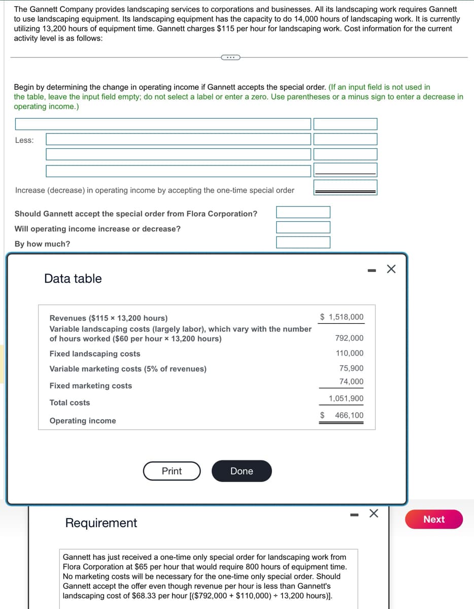 The Gannett Company provides landscaping services to corporations and businesses. All its landscaping work requires Gannett
to use landscaping equipment. Its landscaping equipment has the capacity to do 14,000 hours of landscaping work. It is currently
utilizing 13,200 hours of equipment time. Gannett charges $115 per hour for landscaping work. Cost information for the current
activity level is as follows:
Begin by determining the change in operating income if Gannett accepts the special order. (If an input field is not used in
the table, leave the input field empty; do not select a label or enter a zero. Use parentheses or a minus sign to enter a decrease in
operating income.)
Less:
Increase (decrease) in operating income by accepting the one-time special order
Should Gannett accept the special order from Flora Corporation?
Will operating income increase or decrease?
By how much?
Data table
Revenues ($115 x 13,200 hours)
Variable landscaping costs (largely labor), which vary with the number
of hours worked ($60 per hour x 13,200 hours)
Fixed landscaping costs
Variable marketing costs (5% of revenues)
Fixed marketing costs
Total costs
Operating income
Requirement
Print
Done
$ 1,518,000
792,000
110,000
75,900
74,000
1,051,900
$
466,100
Gannett has just received a one-time only special order for landscaping work from
Flora Corporation at $65 per hour that would require 800 hours of equipment time.
No marketing costs will be necessary for the one-time only special order. Should
Gannett accept the offer even though revenue per hour is less than Gannett's
landscaping cost of $68.33 per hour [($792,000+ $110,000) + 13,200 hours)].
×
Next