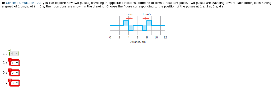 In Concept Simulation 17.1 you can explore how two pulses, traveling in opposite directions, combine to form a resultant pulse. Two pulses are traveling toward each other, each having
a speed of 1 cm/s. At t = 0 s, their positions are shown in the drawing. Choose the figure corresponding to the position of the pulses at 1 s, 2 s, 3 s, 4 s.
1 cm/s
1 cm/s
2
4
8
10
12
Distance, cm
1 s
4 v
2 s
1
3 s
2 v
4 s
3 v
