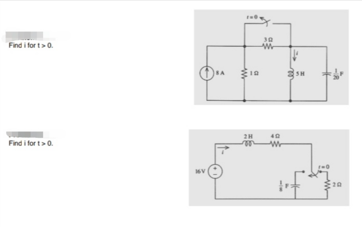 Find i for t > 0.
Find i for t > 0.
16V
8 A
1=0
www
192
352
w
492
2 H
mm
SH
1=0
20
252