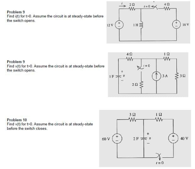 Problem 9
Find i(t) for t>0. Assume the circuit is at steady-state before
the switch opens.
Problem 9
Find v(t) for t>0. Assume the circuit is at steady-state before
the switch opens.
Problem 10
Find v(t) for t>0. Assume the circuit is at steady-state
before the switch closes.
12 V
IF U
60 V
1
252
www
492
W
252
392
ww
2 F
1=0
ww
V
ΤΩ
www
452
3 A
192
ww
1=0
16 V
40 V