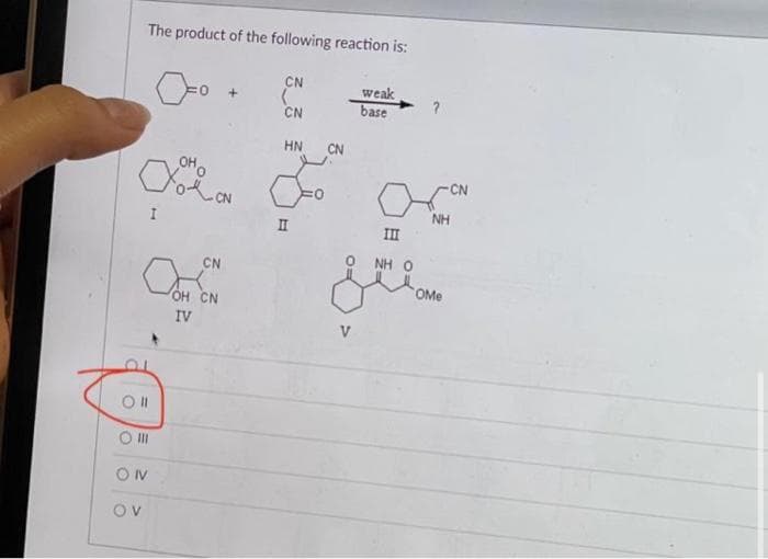 The product of the following reaction is:
OHO
You ON
I
Oll
O III
ON
OV
CN
OH CN
IV
CN
(
CN
HN CN
II
weak
base
NH
III
NH O
Jelan
OMe