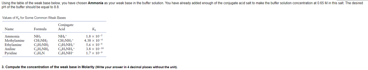 Using the table of the weak base below, you have chosen Ammonia as your weak base in the buffer solution. You have already added enough of the conjugate acid salt to make the buffer solution concentration at 0.65 M in this salt. The desired
pH of the buffer should be equal to 8.8.
Values of K, for Some Common Weak Bases
Conjugate
Acid
Name
Formula
NH,+
CH3NH3+
CH5NH3+
CH;NH3*
C;H;NH+
1.8 × 10-5
4.38 x 10-4
5.6 x 10-4
3.8 x 10-10
Ammonia
NH3
CH;NH2
CH;NH2
CH;NH,
C;H;N
Methylamine
Ethylamine
Aniline
Pyridine
1.7 x 10-9
3. Compute the concentration of the weak base in Molarity (Write your answer in 4 decimal places without the unit).
