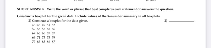 SHORT ANSWER. Write the word or phrase that best completes each statement or answers the question.
Construct a boxplot for the given data. Include values of the 5-number summary in all boxplots.
2) Construct a boxplot for the data given.
43 46 49 51 52
2)
52 58 55 65 66
67 66 66 67 67
69 71 73 75 79
77 83 85 86 87
