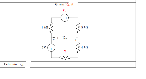 Given: Vs, R.
Vs
5 k2
1 kN
Vab
+
4 k2
5 V
R
in
Determine Vab.
