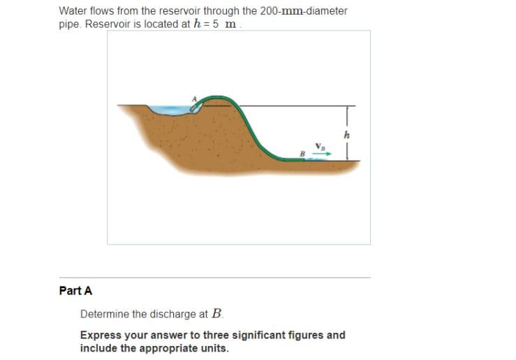 Water flows from the reservoir through the 200-mm-diameter
pipe. Reservoir is located at h = 5 m.
Part A
Determine the discharge at B.
Express your answer to three significant figures and
include the appropriate units.
