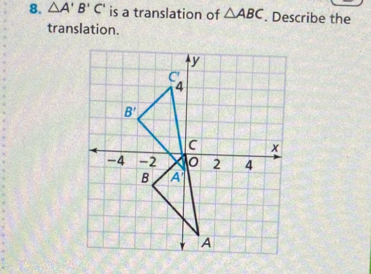 8. AA' B' C' is a translation of AABC. Describe the
translation.
Ay
B'
O 2
A'
-4 -2
4
A
B.
