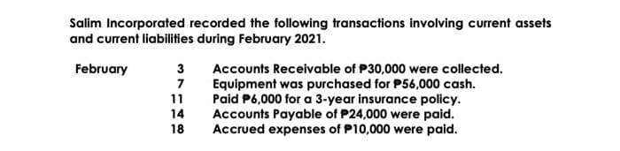 Salim Incorporated recorded the following transactions involving current assets
and current liabilities during February 2021.
February
3
7
11
14
18
Accounts Receivable of P30,000 were collected.
Equipment was purchased for P56,000 cash.
Paid P6,000 for a 3-year insurance policy.
Accounts Payable of P24,000 were paid.
Accrued expenses of P10,000 were paid.