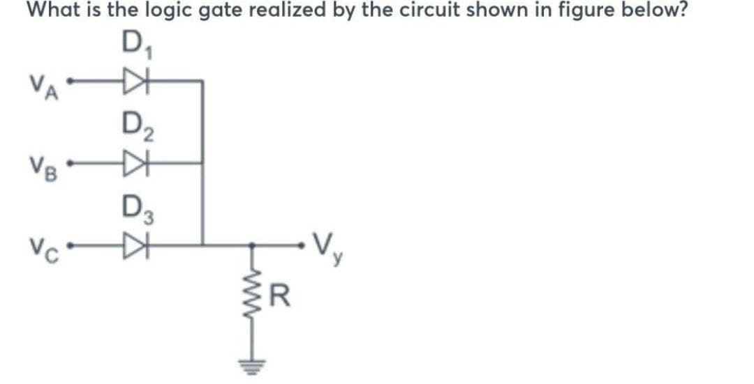 What is the logic gate realized by the circuit shown in figure below?
D₁
VA
VB
Vc
D₂
KH
D3
• Vy
R