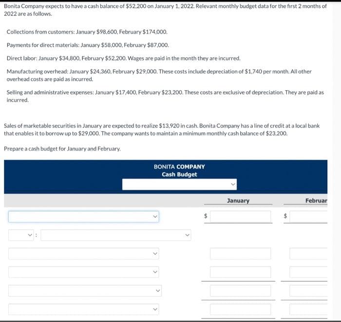 Bonita Company expects to have a cash balance of $52,200 on January 1, 2022. Relevant monthly budget data for the first 2 months of
2022 are as follows.
Collections from customers: January $98,600, February $174,000.
Payments for direct materials: January $58,000, February $87,000.
Direct labor: January $34,800, February $52,200. Wages are paid in the month they are incurred.
Manufacturing overhead: January $24,360, February $29,000. These costs include depreciation of $1,740 per month. All other
overhead costs are paid as incurred.
Selling and administrative expenses: January $17,400, February $23,200. These costs are exclusive of depreciation. They are paid as
incurred.
Sales of marketable securities in January are expected to realize $13,920 in cash. Bonita Company has a line of credit at a local bank
that enables it to borrow up to $29,000. The company wants to maintain a minimum monthly cash balance of $23,200.
Prepare a cash budget for January and February.
VI
BONITA COMPANY
Cash Budget
>
<
January
Februar