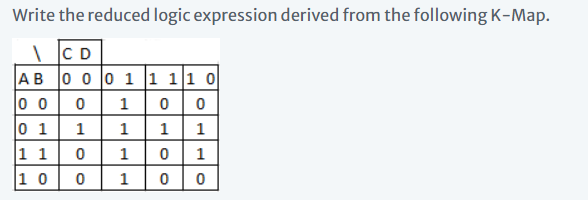 Write the reduced logic expression derived from the following K-Map.
\ C D
AB 0 0 0 1 1 11 0
o 0| 0
0 1
1 1
1 0
1
1
1
1.
