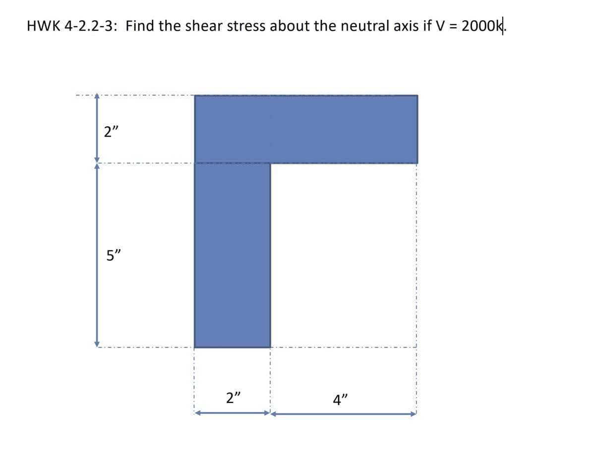 HWK 4-2.2-3: Find the shear stress about the neutral axis if V = 2000k.
2"
r
2"
4"
5"
