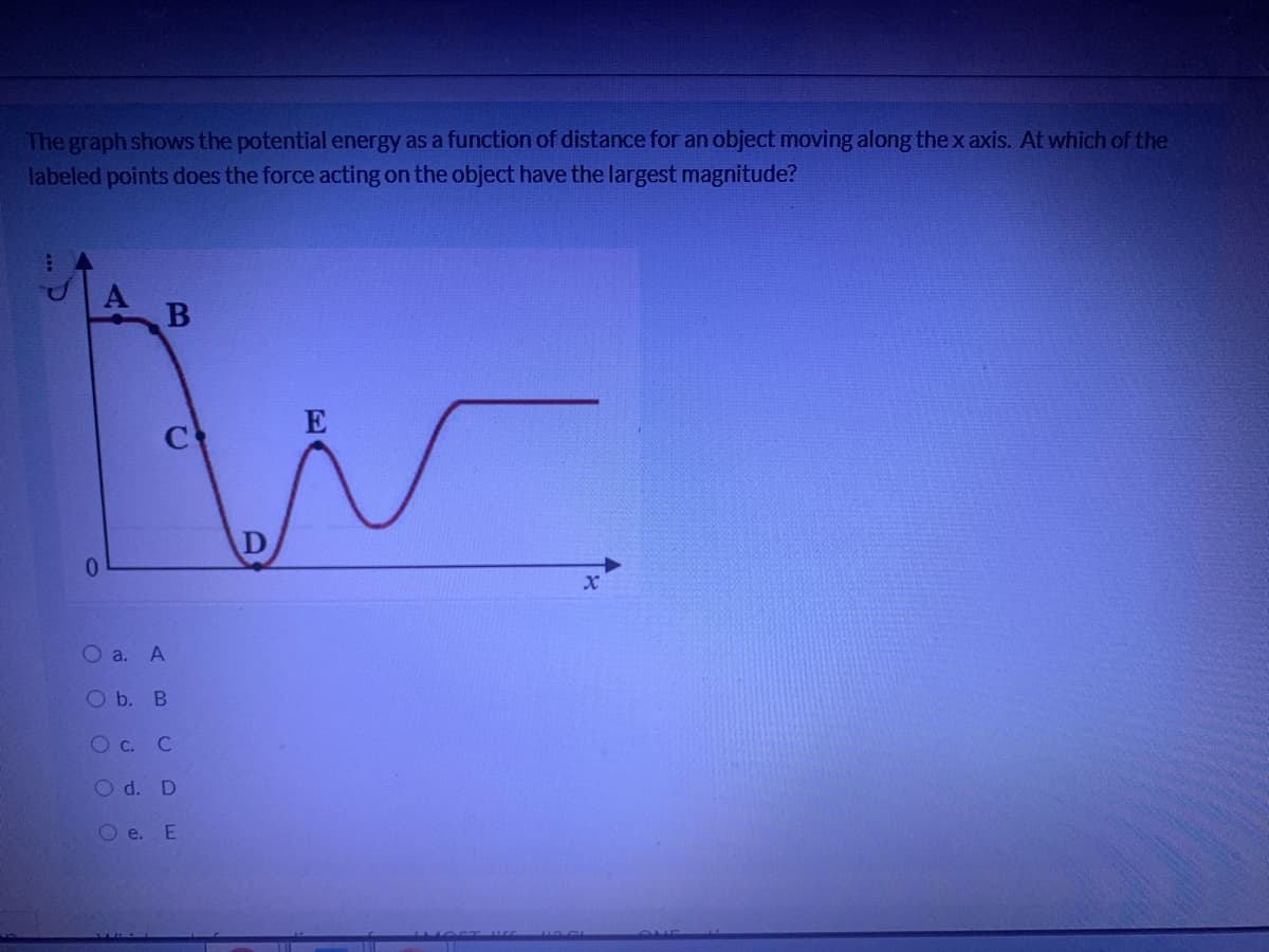 The graph shows the potential energy as a function of distance for an object moving along the x axis. At which of the
labeled points does the force acting on the object have the largest magnitude?
0.
O a. A
O b. B
О с. С
Od. D
O e. E
