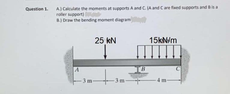 A.) Calculate the moments at supports A and C. (A and C are fixed supports and B is a
roller support)
B.) Draw the bending moment diagram
Question 1.
25 kN
15kN/m
A
IB
3 m
3 m
4 m

