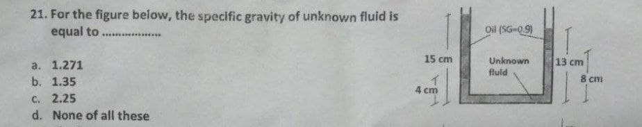 21. For the figure below, the specific gravity of unknown fluid is
equal to .....
a. 1.271
b. 1.35
C. 2.25
d. None of all these
15 cm
4 cm
Oil (SG-0.9)
Unknown
fluid
13 cm
8 cm