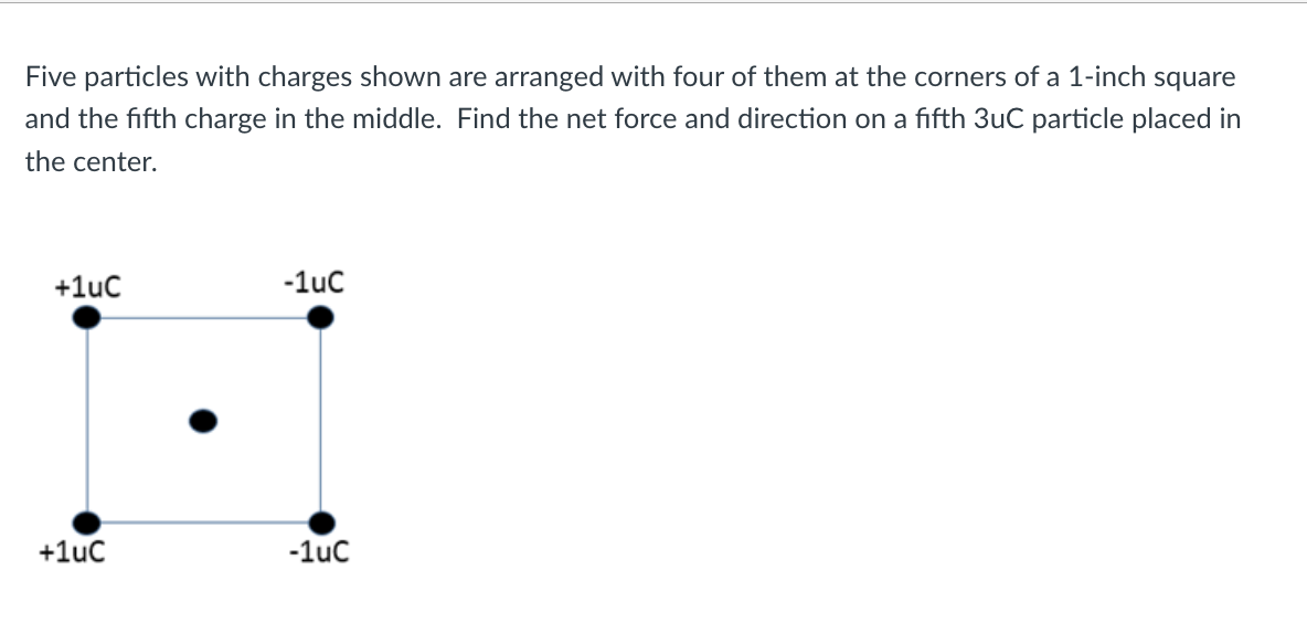 Five particles with charges shown are arranged with four of them at the corners of a 1-inch square
and the fifth charge in the middle. Find the net force and direction on a fifth 3uC particle placed in
the center.
+1uC
+1uC
-1uC
-1uC