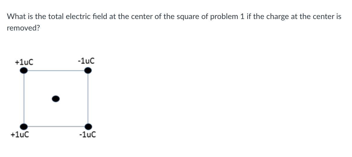 What is the total electric field at the center of the square of problem 1 if the charge at the center is
removed?
+1uC
+1uC
-1uC
-1uC