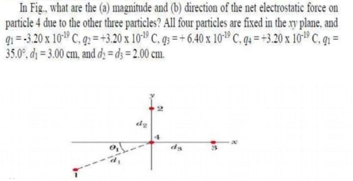 In Fig., what are the (a) magnitude and (b) direction of the net electrostatic force on
particle 4 due to the other three particles? All four particles are fixed in the xy plane, and
q1 = -3.20 x 10-19 C. q2 = +3.20 x 10* C. q3 = + 6.40 x 1019 C. q4 = +3.20 x 10 C. q1 =
35.0°, di = 3.00 cm, and dy = d; = 2.00 cm.
ds
