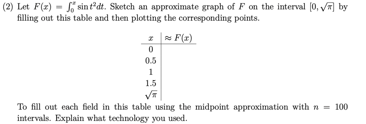 (2) Let \( F(x) = \int_{0}^{x} \sin t^2 dt \). Sketch an approximate graph of \( F \) on the interval \([0, \sqrt{\pi}]\) by filling out this table and then plotting the corresponding points.

\[
\begin{array}{c|c}
x & \approx F(x) \\
\hline
0 & \\
0.5 & \\
1 & \\
1.5 & \\
\sqrt{\pi} & \\
\end{array}
\]

To fill out each field in this table, use the midpoint approximation with \( n = 100 \) intervals. Explain what technology you used.