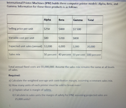 International Printer Machines (IPM) builds three computer printer models: Alpha, Beta, and
Gamma. Information for these three products is as follows:
Alpha
Beta
Gamma
Total
Selling price per unit
$250
$400
$1 500
Variable cost per unit
$80
$200
$800
Expected unit sales (annual) 12,000
6,000
2,000
20,000
Sales mix
50 percent 40 percent 10 percent 100 percent
Total annual fixed costs are $5,000,000. Assume the sales mix remains the same at all levels
of sales.
Required:
a) Calculate the weighted average unit contribution margin, assuming a constant sales mix.
b) How many units of each printer must be sold to break even?
c) ) Explain what is margin of safety.
i) Calculate in sales units the margin of safety for IPM, assuming projected sales are
25,000 units?
