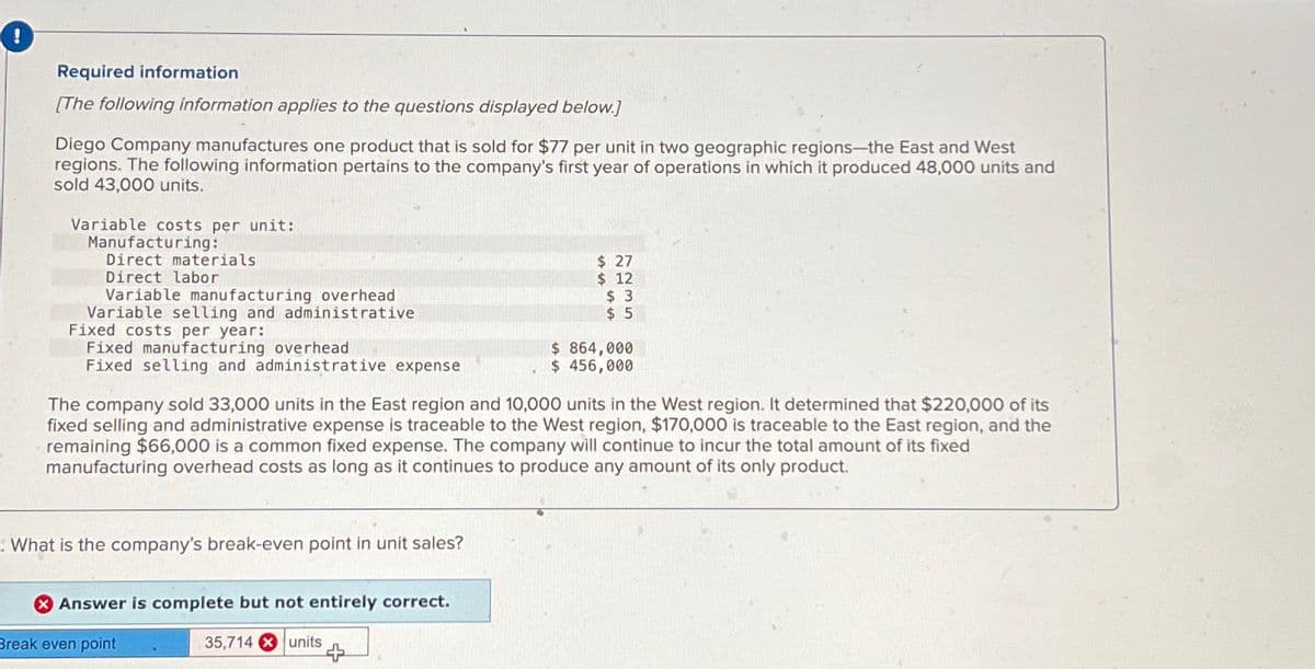 !
Required information
[The following information applies to the questions displayed below.]
Diego Company manufactures one product that is sold for $77 per unit in two geographic regions-the East and West
regions. The following information pertains to the company's first year of operations in which it produced 48,000 units and
sold 43,000 units.
Variable costs per unit:
Manufacturing:
Direct materials
Direct labor
Variable manufacturing overhead.
Variable selling and administrative
Fixed costs per year:
Fixed manufacturing overhead
Fixed selling and administrative expense
$ 27
$ 12
$ 3
$ 5
$ 864,000
$ 456,000
The company sold 33,000 units in the East region and 10,000 units in the West region. It determined that $220,000 of its
fixed selling and administrative expense is traceable to the West region, $170,000 is traceable to the East region, and the
remaining $66,000 is a common fixed expense. The company will continue to incur the total amount of its fixed
manufacturing overhead costs as long as it continues to produce any amount of its only product.
What is the company's break-even point in unit sales?
Answer is complete but not entirely correct.
Break even point
35,714 units