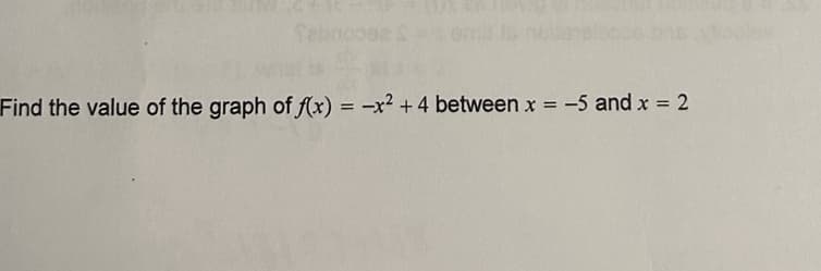 Sebnoone Som
Find the value of the graph of f(x) = -x² + 4 between x = -5 and x = 2
hooley