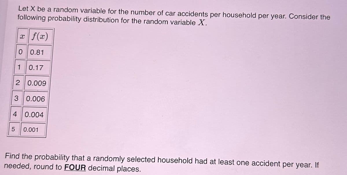 Let X be a random variable for the number of car accidents per household per year. Consider the
following probability distribution for the random variable X.
x|f(x)
0 0.81
1 0.17
2 0.009
3 0.006
4 0.004
5 0.001
Find the probability that a randomly selected household had at least one accident per year. If
needed, round to FOUR decimal places.