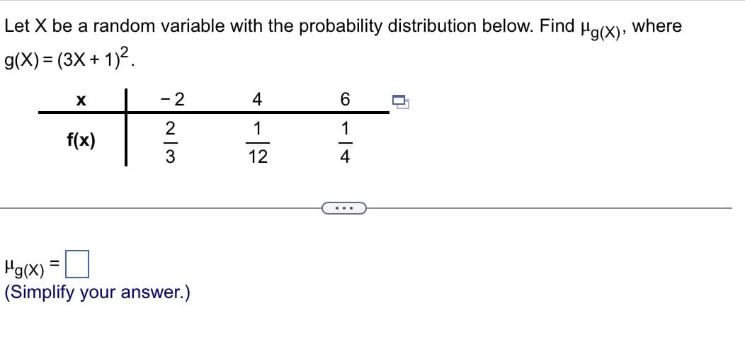 Let X be a random variable with the probability distribution below. Find
g(x) = (3x + 1)².
X
=
f(x)
- 2
2
3
Hg(x)
(Simplify your answer.)
4
1
12
6
1
4
Hg(x), where