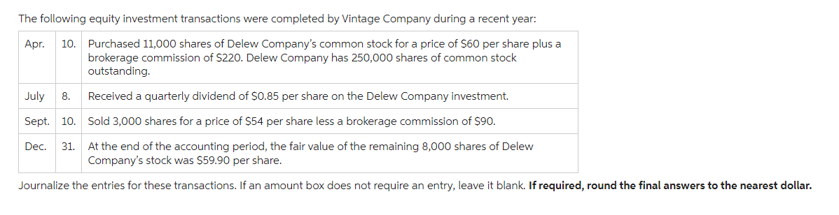 The following equity investment transactions were completed by Vintage Company during a recent year:
Apr.
10. Purchased 11,000 shares of Delew Company's common stock for a price of $60 per share plus a
brokerage commission of $220. Delew Company has 250,000 shares of common stock
outstanding.
Received a quarterly dividend of $0.85 per share on the Delew Company investment.
Sold 3,000 shares for a price of $54 per share less a brokerage commission of $90.
July 8.
Sept. 10.
Dec. 31. At the end of the accounting period, the fair value of the remaining 8,000 shares of Delew
Company's stock was $59.90 per share.
Journalize the entries for these transactions. If an amount box does not require an entry, leave it blank. If required, round the final answers to the nearest dollar.