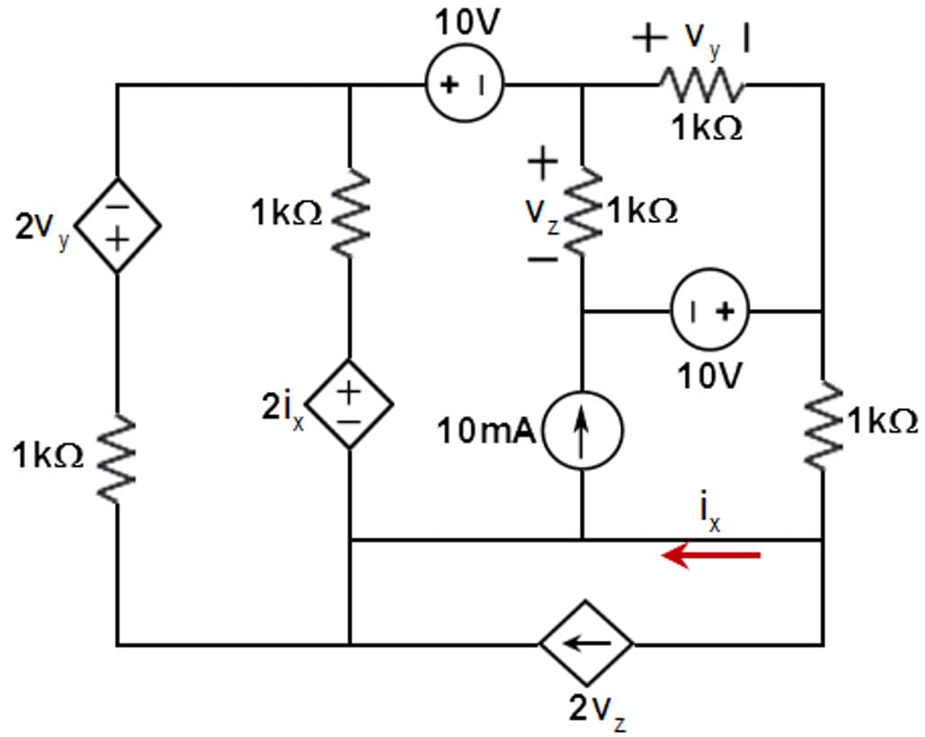 10V
+ vy I
1k2
1kΩ
V,
1k2
2V,
10V
2i,
-1 ΚΩ
10mA
1k2
2v,
+
