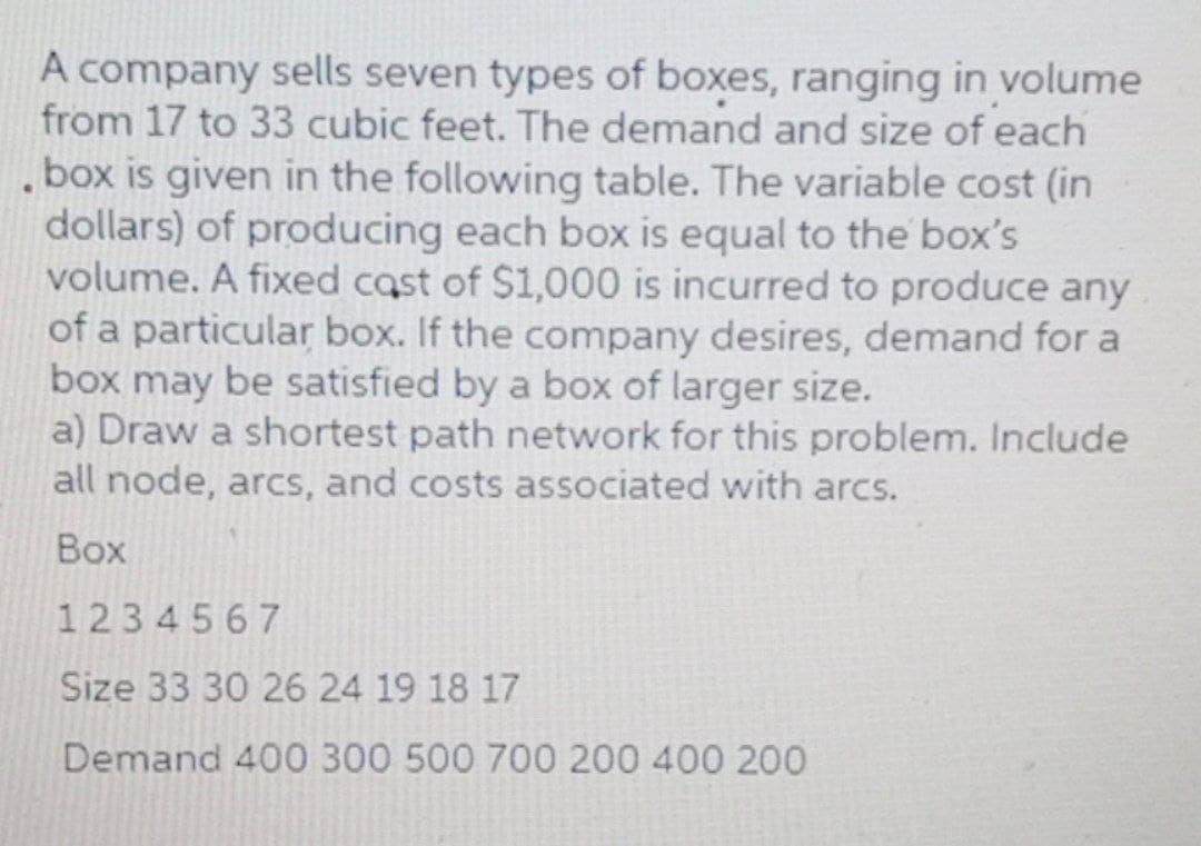 A company sells seven types of boxes, ranging in volume
from 17 to 33 cubic feet. The demand and size of each
.box is given in the following table. The variable cost (in
dollars) of producing each box is equal to the box's
volume. A fixed cast of $1,000 is incurred to produce any
of a particular box. If the company desires, demand for a
box may be satisfied by a box of larger size.
a) Draw a shortest path network for this problem. Include
all node, arcs, and costs associated with arcs.
Box
1234567
Size 33 30 26 24 19 18 17
Demand 400 300 500 700 200 400 200
