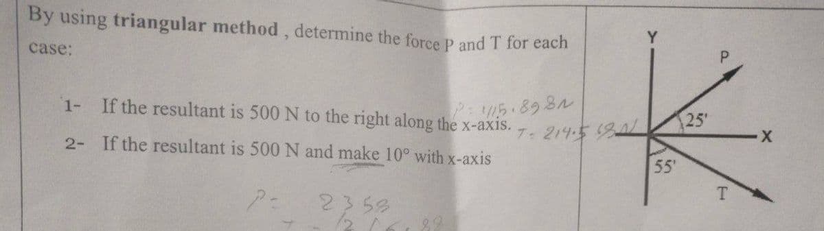 By using triangular method, determine the force P and T for each
case:
If the resultant is 500 N to the right along the x-axis.
2- If the resultant is 500 N and make 10° with x-axis
P-
1-
2358
12 (10
1² = 1115.8982
7- 214.5 180
55'
25'
T
X