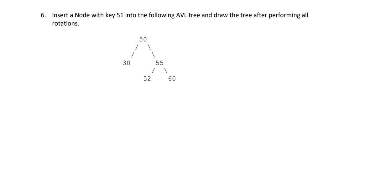 6. Insert a Node with key 51 into the following AVL tree and draw the tree after performing all
rotations.
30
50
52
55
1
60