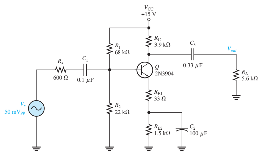 Vcc
+15 V
Rc
3.9 k
R
out
68 k2
R,
0.33 µF
R1.
5.6 kN
2N3904
600 N
0.1 µF
REI
33 0
R2
22 k
50 mVpp
1.5 kN
100 μF
