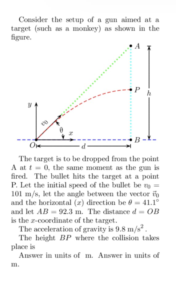 Consider the setup of a gun aimed at a
target (such as a monkey) as shown in the
figure.
Y
m.
Ок
vo
A
P
B
d
The target is to be dropped from the point
A at t= 0, the same moment as the gun is
fired. The bullet hits the target at a point
P. Let the initial speed of the bullet be vo =
101 m/s, let the angle between the vector vo
and the horizontal (x) direction be 0 = 41.1°
and let AB = 92.3 m. The distance d = OB
is the x-coordinate of the target.
The acceleration of gravity is 9.8 m/s².
The height BP where the collision takes
place is
Answer in units of m. Answer in units of