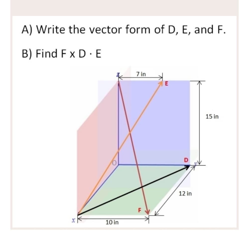 A) Write the vector form of D, E, and F.
B) Find F x D · E
7 in
15 in
12 in
10 in
