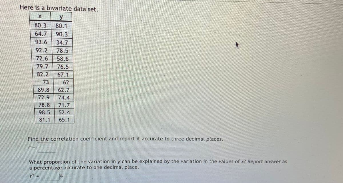 Here is a bivariate data set.
y.
80.3
80.1
64.7
90.3
93.6
34.7
92.2
78.5
72.6
58.6
76.5
79,7
82.2
67.1
73
62
89.8
62.7
72.9
74.4
78.8
71.7
98.5
52.4
81.1
65.1
Find the correlation coefficient and report it accurate to three decimal places.
What proportion of the variation in y can be explained by the variation in the values of x? Report answer as
a percentage accurate to one decimal place.

