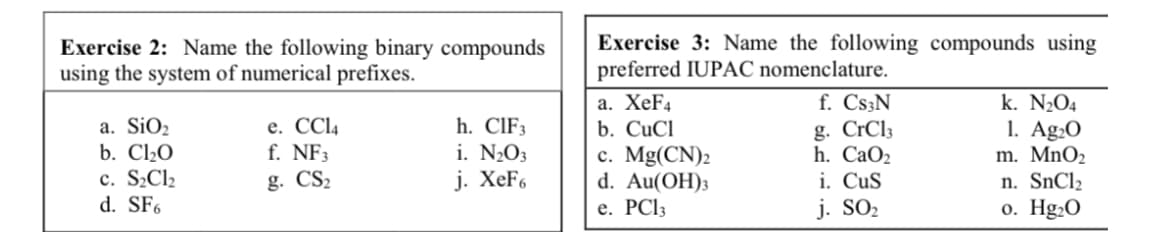 Exercise 2: Name the following binary compounds
using the system of numerical prefixes.
a. SiO₂
b. Cl₂0
c. S₂Cl₂
d. SF6
e. CCl4
f. NF3
g. CS₂
h. CIF3
N₂O3
j. XeF6
Exercise 3: Name the following compounds using
preferred IUPAC nomenclature.
a. XeF4
b. CuCl
c. Mg(CN)2
d. Au(OH)3
e. PC1₂
f. Cs3N
g. CrCl3
h. CaOz
i. CuS
j. SO₂
k. N₂O4
1. Ag₂0
m. MnO₂
n. SnCl
o. Hg₂0