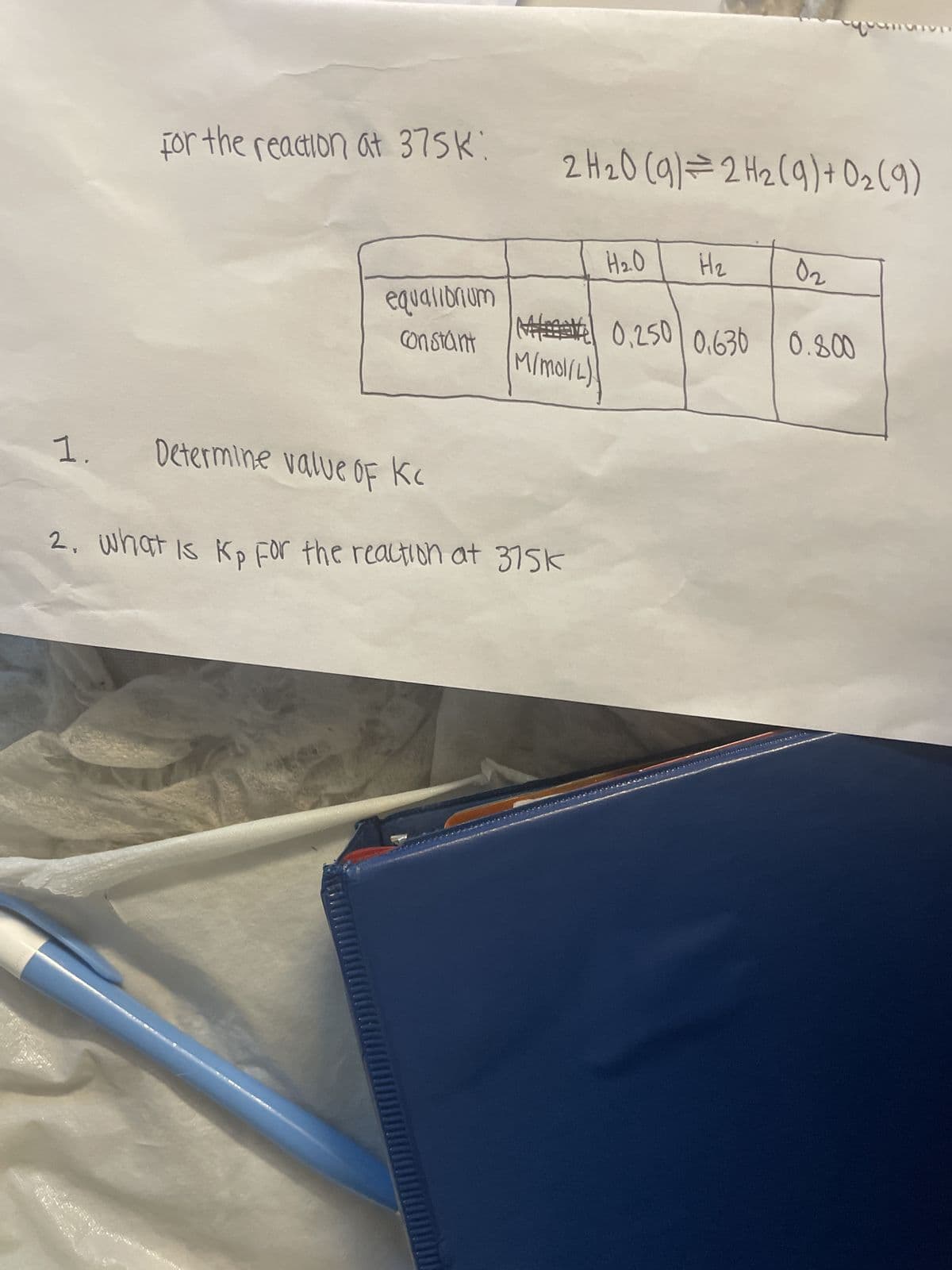 3-10
1.
for the reaction at 37SK:
equalibrium
constant
2H₂0 (9) = 2H₂ (9) + 0₂ (9)
M/mol/L)!
Determine value of KC
2. What is Kp For the reaction at 375k
H₂.0
H₂
0.250 0.630
чо
0.630 0.800