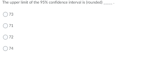 The upper limit of the 95% confidence interval is (rounded)
73
O71
72
74
