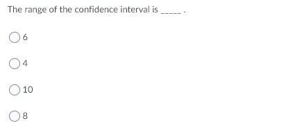 The range of the confidence interval is
O 10
8.
