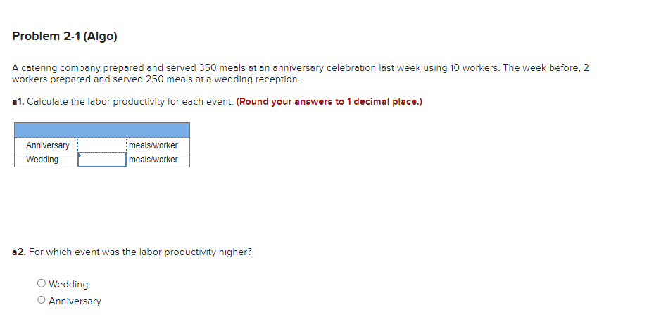 Problem 2-1 (Algo)
A catering company prepared and served 350 meals at an anniversary celebration last week using 10 workers. The week before, 2
workers prepared and served 250 meals at a wedding reception.
a1. Calculate the labor productivity for each event. (Round your answers to 1 decimal place.)
Anniversary
Wedding
meals/worker
meals/worker
a2. For which event was the labor productivity higher?
O Wedding
O Anniversary