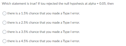 Which statement is true? If tou rejected the null hypohesis at alpha = 0.05, then
) there is a 1.5% chance that you made a Type I error.
) there is a 2.5% chance that you made a Type I error.
O there is a 3.5% chance that you made a Type I error.
there is a 4.5% chance that you made a Type I error.
