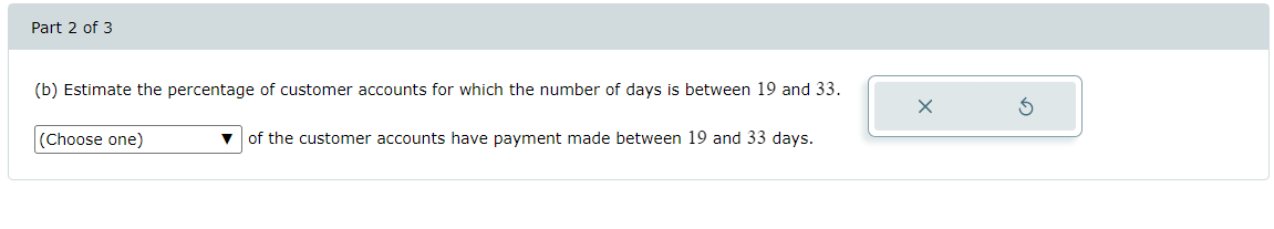 Part 2 of 3
(b) Estimate the percentage of customer accounts for which the number of days is between 19 and 33.
(Choose one)
of the customer accounts have payment made between 19 and 33 days.
