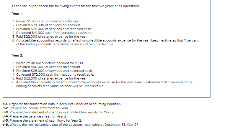 Leach Inc. experienced the following events for the first two years of its operations:
Year 1:
1. Issued $10,000 of common stock for cash.
2. Provided $70,000 of services on account.
3. Provided $29,000 of services and received cash.
4. Collected $41.000 cash from accounts receivable.
5. Paid $22,000 of salaries expense for the year.
6. Adjusted the accounting records to reflect uncollectible accounts expense for the year. Leach estimates that 7 percent
of the ending accounts receivable balance will be uncollectible.
Year 2:
1. Wrote off an uncollectible account for $730.
2. Provided $90,000 of services on account.
3. Provided $25,000 of services and collected cash.
4. Collected $72.000 cash from accounts receivable.
5. Paid $22,000 of salaries expense for the year.
6. Adjusted the accounts to reflect uncollectible accounts expense for the year. Leach estimates that 7 percent of the
ending accounts receivable balance will be uncollectible.
d-1. Organize the transaction data in accounts under an accounting equation.
d-2. Prepare an income statement for Year 2.
d-3. Prepare the statement of changes in stockholders' equity for Year 2
d-4. Prepare the balance sheet for Year 2.
d-5. Prepare the statement of cash flows for Year 2
d-6. What is the net realizable value of the accounts receivable at December 31, Year 2?
