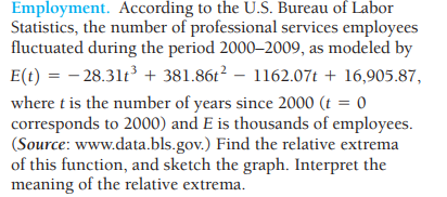 Employment. According to the U.S. Bureau of Labor
Statistics, the number of professional services employees
fluctuated during the period 2000-2009, as modeled by
E(t) = -28.31t³ +381.86t² - 1162.07t + 16,905.87,
where t is the number of years since 2000 (t = 0
corresponds to 2000) and E is thousands of employees.
(Source: www.data.bls.gov.) Find the relative extrema
of this function, and sketch the graph. Interpret the
meaning of the relative extrema.